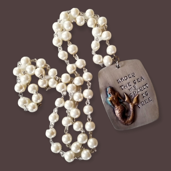 Hand Crafted Hand Stamped Faux Pearl Mermaid Pendant Necklace - Picture 2 of 16